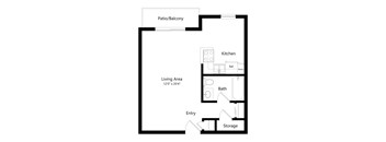 A floor plan of a small apartment with a living area, kitchen, bathroom, entry and storage.
