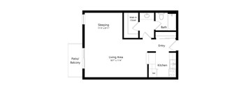 A floor plan of a home with a sleeping area, living area, kitchen, bathroom, and entry.