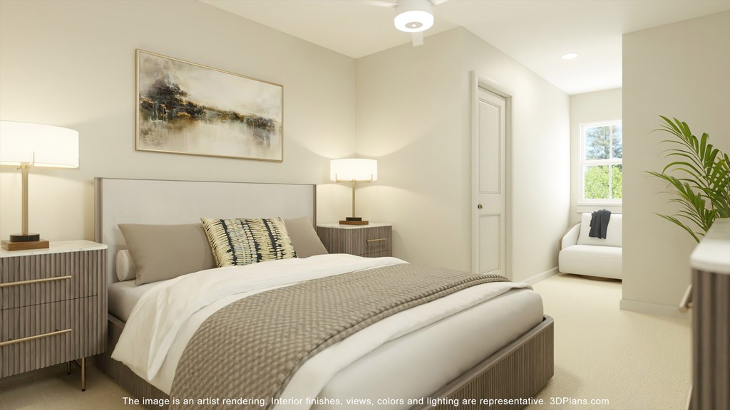 A bedroom with a large bed and a painting on the wall.