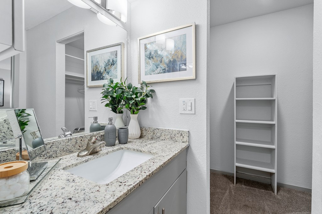 A bathroom with a sink, mirror, and shelves.