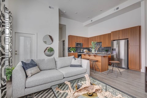 A modern living room with a grey sofa and a wooden kitchen area.