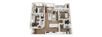 A top down view of a modern apartment layout.