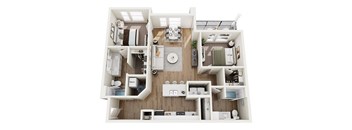 A top down view of a small apartment with a kitchen, living room, and bathroom.