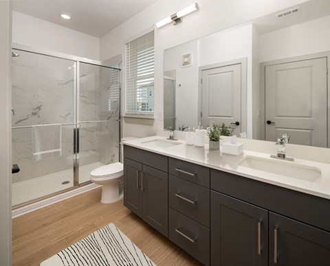 a bathroom with a sink and a shower and a toilet