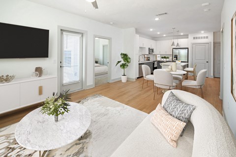 a living room with a couch and a table
