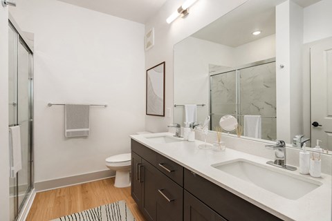a bathroom with a large mirror and a sink and a toilet