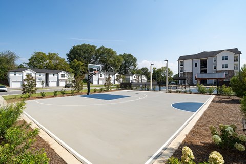 A basketball court is surrounded by apartment buildings and greenery.