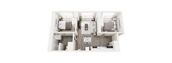 A floor plan of a house with a kitchen, living room, and two bedrooms.