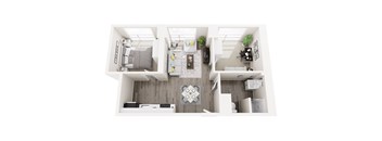 A top-down view of a modern, minimalist apartment with a kitchen, living room, and bedroom.
