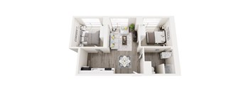 A floor plan of a house with a kitchen, living room, and two bedrooms.