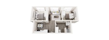 A floor plan of a house with a kitchen, living room, and two bedrooms.