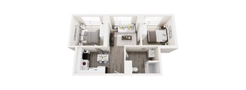 A top-down view of a small, modern apartment with a kitchen, living room, and bathroom.