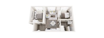 A top-down view of a modern, minimalist apartment with a central living area, two bedrooms, and a kitchen.