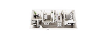 A top-down view of a small apartment with a kitchen, living room, and bedroom.