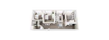 A top-down view of a small apartment with two bedrooms, a living room, and a kitchen.