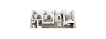 A top-down view of a modern, white-walled apartment with a kitchen, living room, and two bedrooms.