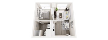 A floor plan of a small apartment with a kitchen, living room, and two bedrooms.
