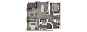 A top-down view of a house layout with a living room, kitchen, dining area, and bedrooms.