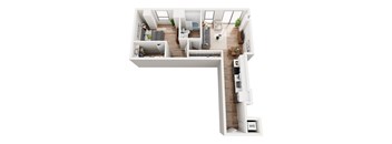 A white floor plan of a house with a kitchen, living room, and bedrooms.