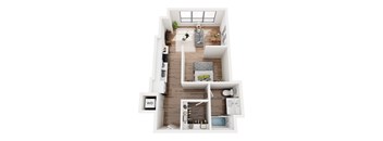A top down view of a small apartment with a kitchen, living room, and bathroom.