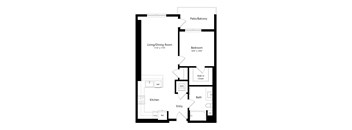 A floor plan of a home with a living/dining room, kitchen, bathroom, bedroom, and patio/balcony.