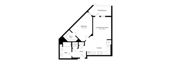 A floor plan of a home with a bedroom, living/dining room, kitchen, bath, and closet.