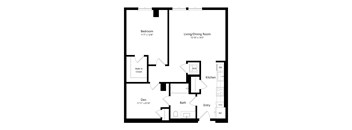A floor plan of a home with a bedroom, living/dining room, kitchen, bath, and entry.