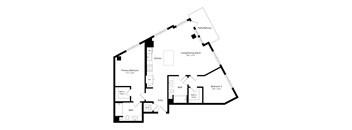 A floor plan of a house with a living/dining room, kitchen, two bathrooms, two bedrooms, a primary bedroom, and a patio/balcony.