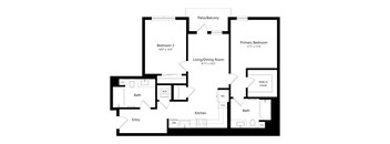 A floor plan of a home with two bathrooms, two bedrooms, a living/dining room, a kitchen, an entry, a patio/balcony, and a walk-in closet.