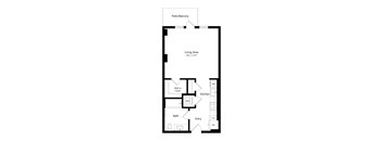 A floor plan of a home with a living area, kitchen, bath, and entry.