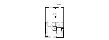 A floor plan of a house with a living area, kitchen, entry, bath, and patio/balcony.