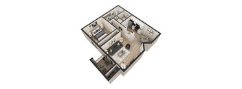 A 3D floor plan of a house with a kitchen, living room, and bedrooms.