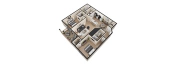 A 3D floor plan of a house with multiple rooms and furniture.