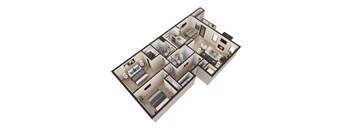 A 3D floor plan of a house with multiple rooms.