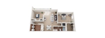 a stylized floor plan with a bedroom and a living room