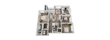 A 3D rendered image of a house layout.