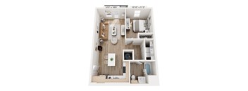 A floor plan of a small apartment with a kitchen, living room, and bathroom.