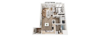 A top down view of a small apartment with a kitchen, living room, and bathroom.