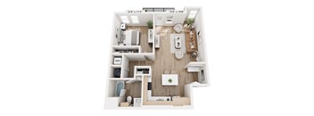 A floor plan of a small apartment with a kitchen, living room, and bathroom.