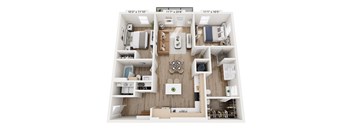 A top-down view of a small apartment layout with a kitchen, living room, and bedrooms.