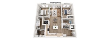 A floor plan of a house with a living room, two bedrooms, a bathroom, and a kitchen.