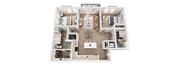 A floor plan of a two-bedroom apartment with a living room, kitchen, and bathroom.