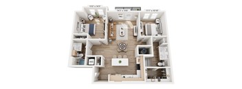 A floor plan of a two-bedroom apartment with a living room, kitchen, and bathroom.
