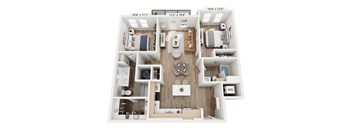 A 3D floor plan of a small apartment with a living room, kitchen, and bathroom.