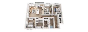 A floor plan of a two-bedroom apartment with dimensions.