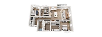 A floor plan of a two-bedroom apartment with dimensions.