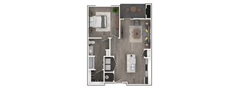 A floor plan of a house with a kitchen, living room, dining room, and bathroom.