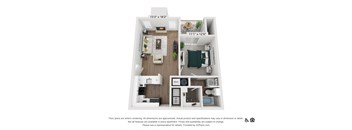 A 3D floor plan of a small apartment with a kitchen, living room, and bathroom.