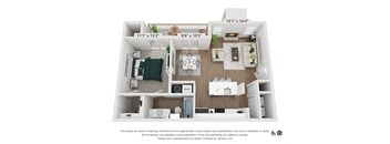 A 3D floor plan of a small apartment with a kitchen, living room, and bedroom.