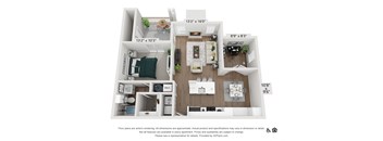 A 3D floor plan of a small apartment with a kitchen, living room, and bedroom.